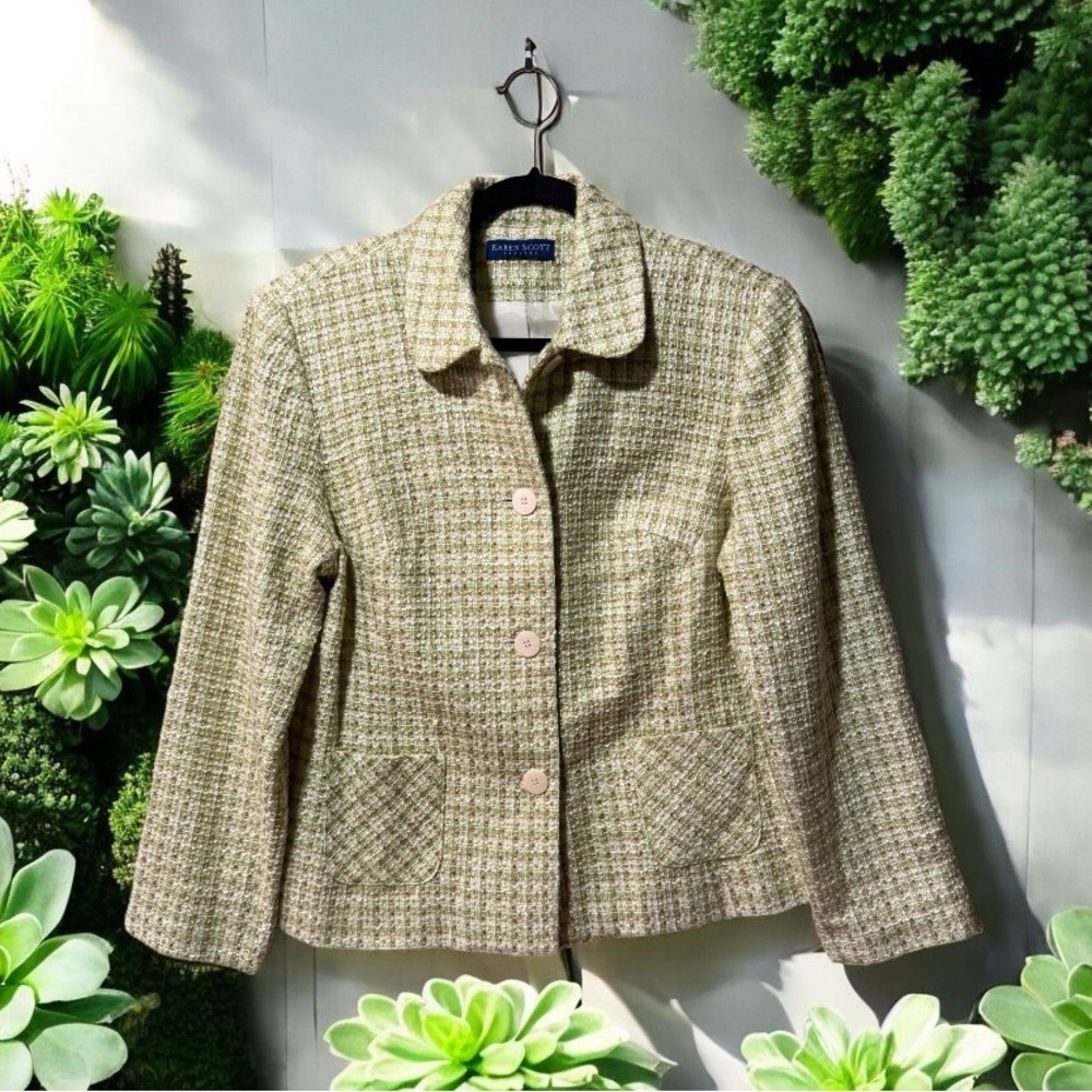 Karen Scott Petites Green/Yellow/White Classic Tweed Jacket